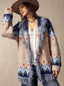 Bohemela Women's Vintage Boho Fair Isle Jacquard Knit Cardigan With Fringe For Fall, Perfect For Vacations, Going Out Everyday Travel Navy Blue Floral - Apricot - View 6