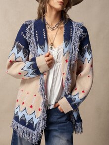 Bohemela Women's Vintage Boho Fair Isle Jacquard Knit Cardigan With Fringe For Fall, Perfect For Vacations, Going Out Everyday Travel Navy Blue Floral - Apricot - View 2