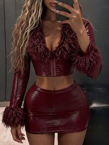 Amplova Women's Lace & Fur Trim 2 Pieces Set, Sexy Avant-Garde Ultra Low Waist Skirt With Side Ruching, Fur Trim Cuffs, Fitted Button-Down Top, Suitable For Date Outfits - Burgundy - View 1