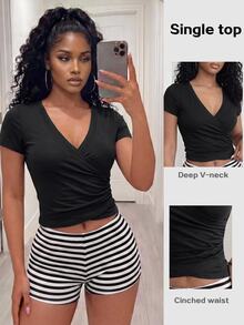 BamGleam Women's Sports Seamed Yoga Short Sleeve / Side Ruched / Fashion Sexy / Comfortable - Black - View 6