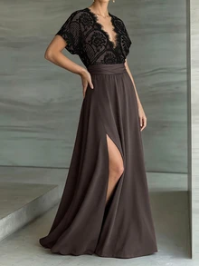 Weeklong Gaun Kasual Liburan Wanita Ukuran Besar Musim Semi/Panas dengan Patchwork Renda dan Pinggang Ramping Model A-Line - Coffee Brown - View 4