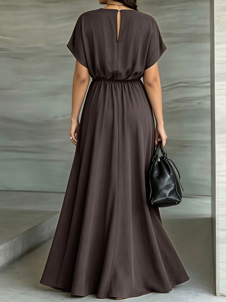 Weeklong Plus Size Women's Spring/Summer Lace Patchwork Cinched Waist A-Line Casual Vacation Dress - Coffee Brown - View 2