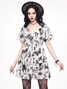 ROMWE Dark Gothic Skull & Floral Print V-Neck Slim Fit A-Line Dress - Apricot - View 2