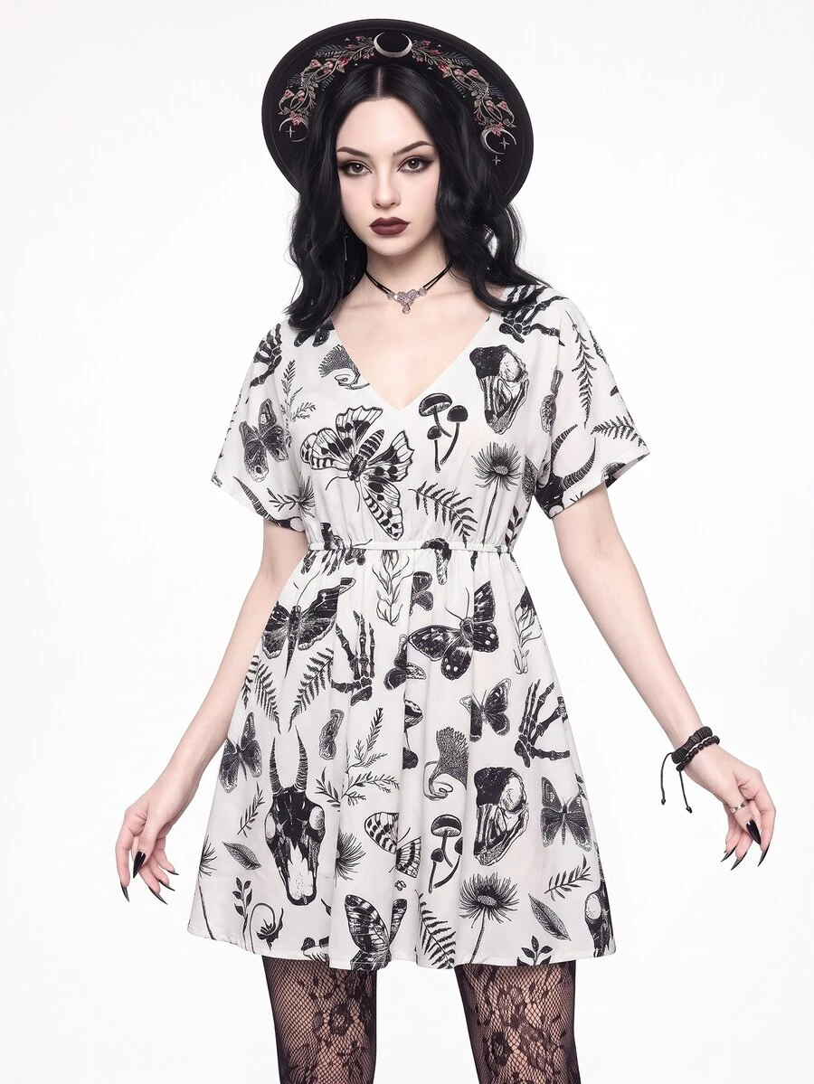 ROMWE Dark Gothic Skull & Floral Print V-Neck Slim Fit A-Line Dress - Apricot - View 1
