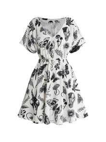 ROMWE Dark Gothic Skull & Floral Print V-Neck Slim Fit A-Line Dress - Apricot - View 1