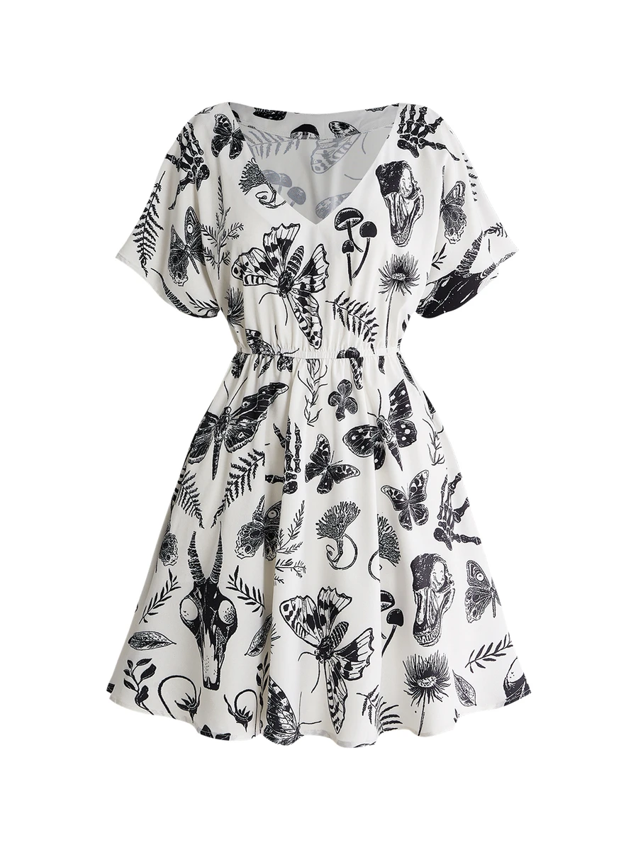 ROMWE Dark Gothic Skull & Floral Print V-Neck Slim Fit A-Line Dress - Apricot - View 1