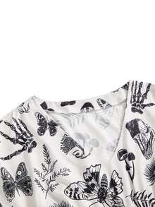 ROMWE Dark Gothic Skull & Floral Print V-Neck Slim Fit A-Line Dress - Apricot - View 4