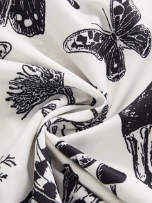 ROMWE Dark Gothic Skull & Floral Print V-Neck Slim Fit A-Line Dress - Apricot - View 5