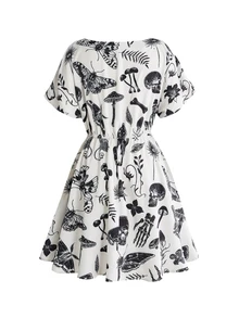ROMWE Dark Gothic Skull & Floral Print V-Neck Slim Fit A-Line Dress - Apricot - View 3