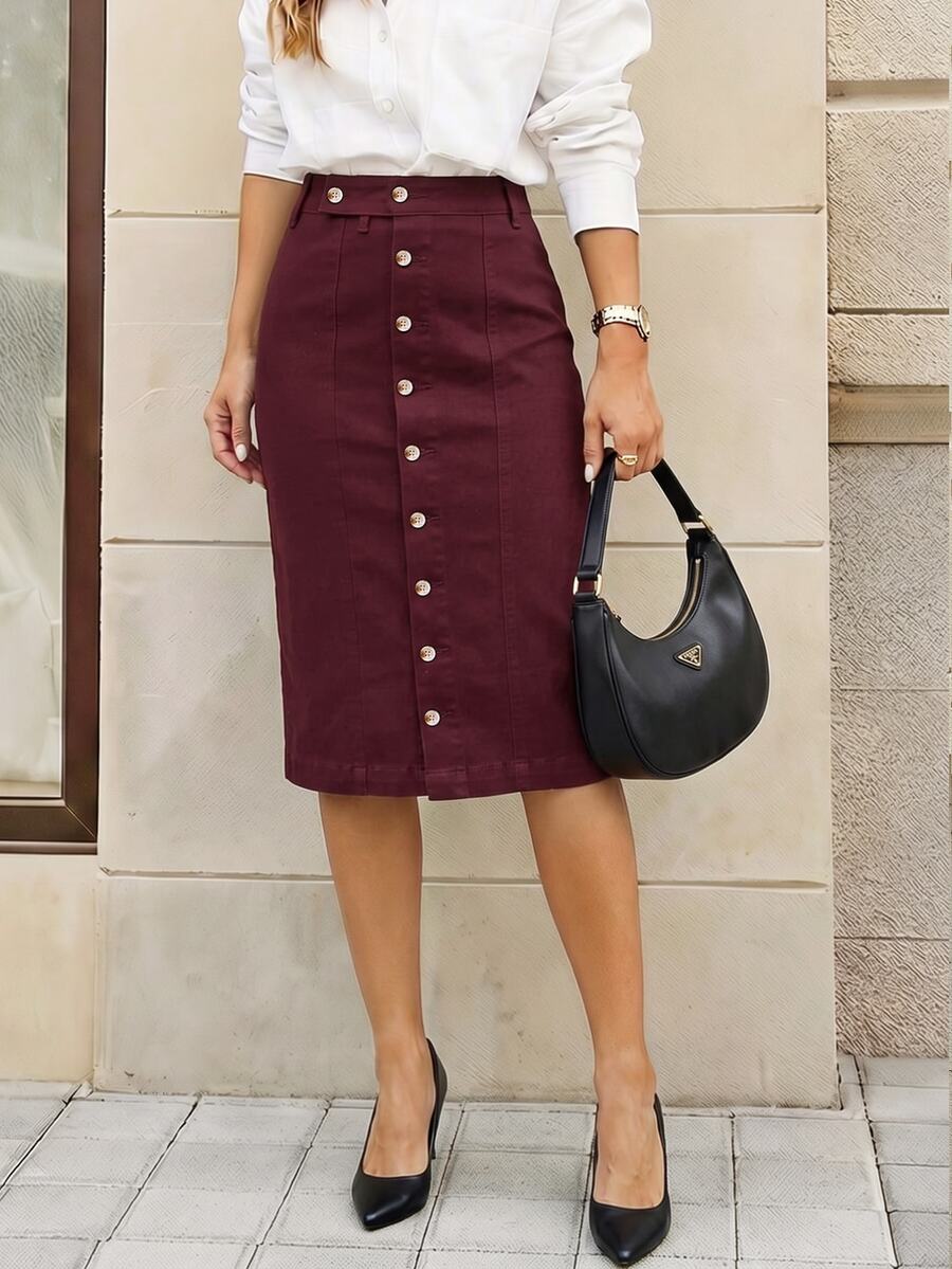Selenza Women's Sexy Elegant Button Denim Skirt - Rose Red - View 1