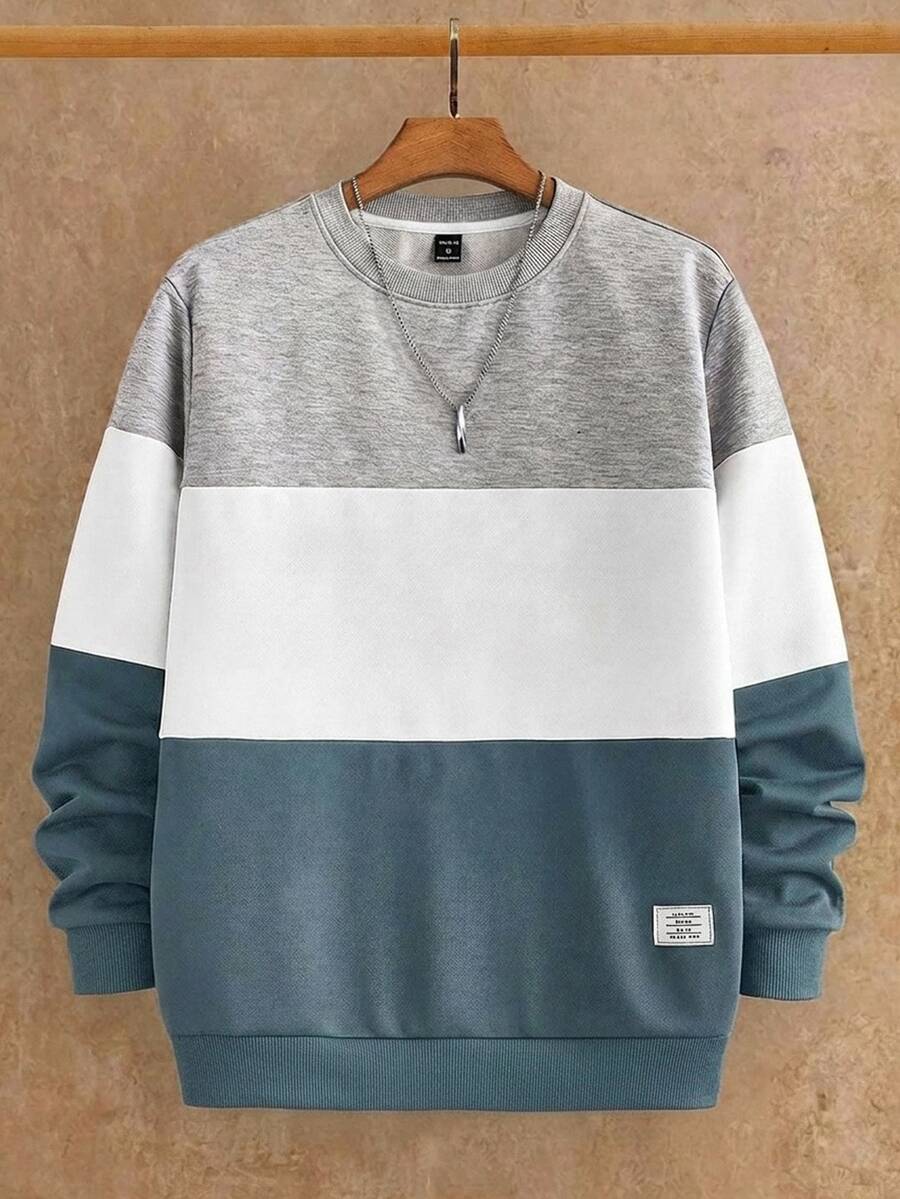 Manfinity RebelGame Men's Casual Colorblock Patchwork Sweatshirt,Fleece,Oversized Pullover,Crew Neck Sweatshirt,Halloween Winter Party Autumn
