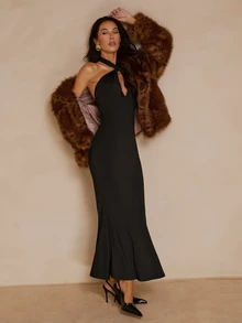 SHEIN Unity Black Halter Neck Mermaid Maxi Dress High Stretch Bodycon Backless Sorority Rush Homecoming Prom Halloween Fall Date Night Bachelorette Y2K Glam - Black - View 2