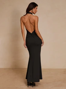 SHEIN Unity Black Halter Neck Mermaid Maxi Dress High Stretch Bodycon Backless Sorority Rush Homecoming Prom Halloween Fall Date Night Bachelorette Y2K Glam - Black - View 4