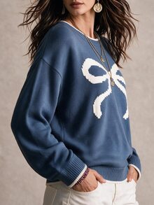 Lalippa Women's Bow Pattern Drop Shoulder Long Sleeve Casual Crew Neck Sweater - Grey - View 4