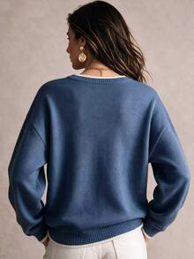 Lalippa Women's Bow Pattern Drop Shoulder Long Sleeve Casual Crew Neck Sweater - Grey - View 2