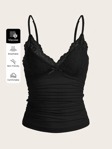 SHEIN ICON Elegant Solid Contrast Lace Ruched Y2k Cami Top - Black - View 5