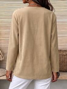 Holdful Holdful Women's Loose V-Neck Long Sleeve Tan Textured Fabric Blouse With Frog Button Decor, Casual Boho Home Wear For Autumn/Winter Thanksgiving Brunch - Multicolor - View 2
