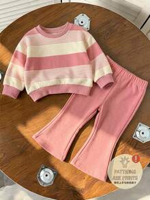Setelan 2pcs Baju Sweatshirt Leher Bulat dan Celana Flare Motif Pita Berkilau untuk Bayi Perempuan, Cocok untuk Pakaian Sehari-hari di Musim Gugur dan Taman Kanak-kanak. - MultiWarna - View 3