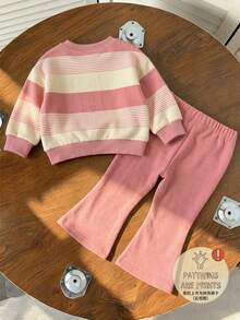 Setelan 2pcs Baju Sweatshirt Leher Bulat dan Celana Flare Motif Pita Berkilau untuk Bayi Perempuan, Cocok untuk Pakaian Sehari-hari di Musim Gugur dan Taman Kanak-kanak. - MultiWarna - View 2