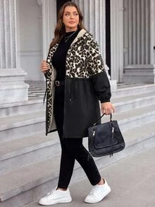 SHEIN LUNE Plus Size Plain Color Hooded Zipper Front Casual Long Sleeve Jacket Plus Size Fall Clothes Winter - Multicolor - View 1