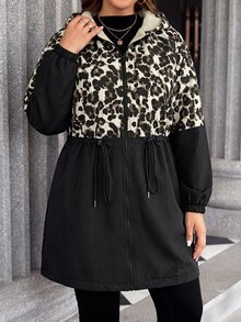 SHEIN LUNE Plus Size Plain Color Hooded Zipper Front Casual Long Sleeve Jacket Plus Size Fall Clothes Winter - Multicolor - View 3