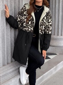 SHEIN LUNE Plus Size Plain Color Hooded Zipper Front Casual Long Sleeve Jacket Plus Size Fall Clothes Winter - Multicolor - View 4