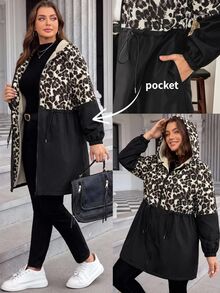 SHEIN LUNE Plus Size Plain Color Hooded Zipper Front Casual Long Sleeve Jacket Plus Size Fall Clothes Winter - Multicolor - View 2
