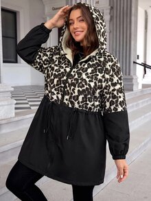 SHEIN LUNE Plus Size Plain Color Hooded Zipper Front Casual Long Sleeve Jacket Plus Size Fall Clothes Winter - Multicolor - View 7