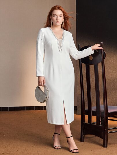 MOTF PREMIUM PLUS SIZE WOMEN FITTED RHINESTONE ELEGANT AUTUMN/WINTER COCKTAIL DRESS