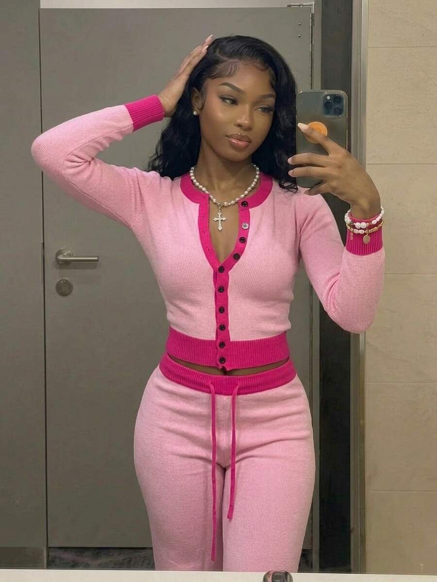 Fiercella Fiercella Women's Streetwear Autumn/Winter Solid Color Y2K Contrast Color Slim Fit Knit Set, Button-Up Cropped Top And High-Waist Flared Casual Sweater Two Pieces Set - Pink - View 1