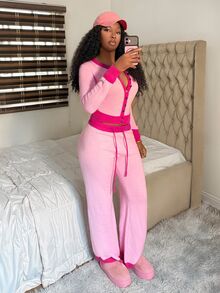 Fiercella Fiercella Women's Streetwear Autumn/Winter Solid Color Y2K Contrast Color Slim Fit Knit Set, Button-Up Cropped Top And High-Waist Flared Casual Sweater Two Pieces Set - Pink - View 5