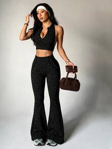 Slayform Slayform 2pcs Women Seamless Half Zip Mandarin Collar Backless Sexy Sports Bra And Flared Pants Yoga Workout Set - Black - View 2