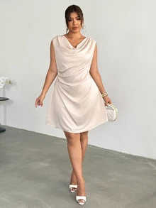 Firerie 女款優雅迷人性感白色夏季修身緞面洋裝，適合雞尾酒會、早午餐、晚餐、晚宴、正式派對、婚禮賓客，船領不對稱領口 - 杏色 - 查看 7
