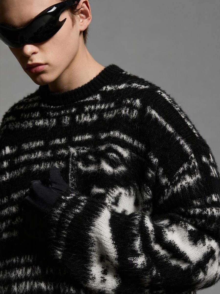 NEON BLANC Men's Crew Neck Pullover Sweater Loose Fit Suitable For Autumn/Winter - Black and White - View 1