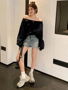 DAZY 女款休閒露肩寬鬆衛衣，純色基本款上衣，內層加絨保暖，長袖，適合秋冬日常穿著，黑色 - 黑色 - 查看 2