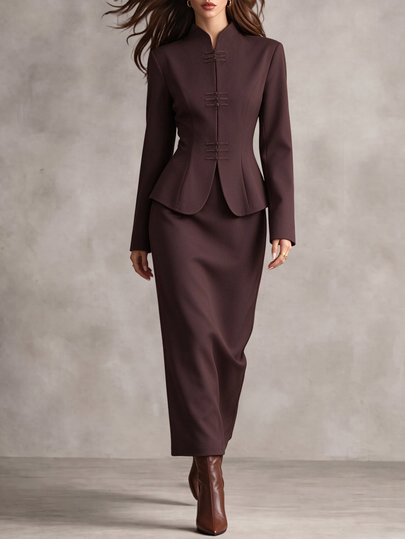 Elenzga Women's Autumn/Winter New Arrival Elegant Elegant Outfit, Women's Daily Gathering, Holiday Wear, Everyday Outing, Fashionable Versatile, Oriental Element High-End Frog Button Design, Dark Brown Long Sleeve Blazer Paired With Matching Long Skirt