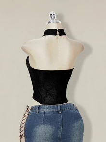 SHEIN ICON 女款素色修身時尚百搭掛脖背心上衣 - 黑色 - 查看 9