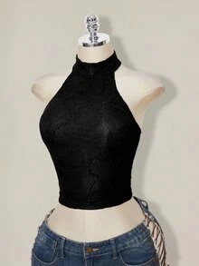 SHEIN ICON 女款素色修身時尚百搭掛脖背心上衣 - 黑色 - 查看 10
