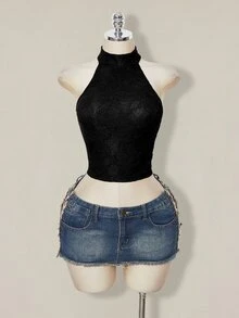 SHEIN ICON 女款素色修身時尚百搭掛脖背心上衣 - 黑色 - 查看 5
