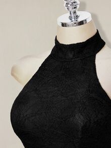 SHEIN ICON 女款素色修身時尚百搭掛脖背心上衣 - 黑色 - 查看 6