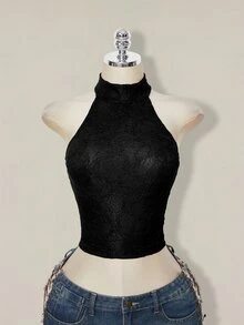 SHEIN ICON 女款素色修身時尚百搭掛脖背心上衣 - 黑色 - 查看 4