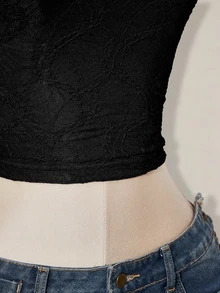 SHEIN ICON 女款素色修身時尚百搭掛脖背心上衣 - 黑色 - 查看 8