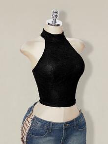 SHEIN ICON 女款素色修身時尚百搭掛脖背心上衣 - 黑色 - 查看 7