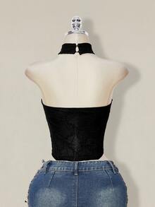 SHEIN ICON 女款素色修身時尚百搭掛脖背心上衣 - 黑色 - 查看 3