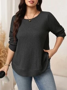 SHEIN LUNE Plus Size Women Solid Color Round Neck Long Sleeve Loose Casual T-Shirt Formal Home Wear Grey Autumn - Dark Grey - View 5