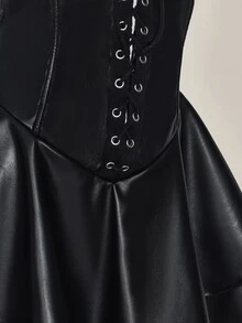 SHEIN ICON 女士 Y2k 时尚辣妹演唱会女装俱乐部派对节日狂欢装 Y2k 外出交叉带 PU 皮革露背迷你吊带黑色连衣裙 - 黑色 - 查看 5