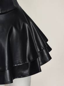 SHEIN ICON 女士 Y2k 时尚辣妹演唱会女装俱乐部派对节日狂欢装 Y2k 外出交叉带 PU 皮革露背迷你吊带黑色连衣裙 - 黑色 - 查看 9