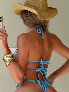 Swim SXY Women's Backless Lace Up Two-Piece Bikini Swimsuit With Metal Decoration, Beach Vacation Style Sexy Striped Swimsuit Tankini Swimsuit - Multicolor - View 2