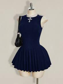 SHEIN ICON 女士休闲纯色无袖褶裥下摆迷你连衣裙，夏季 - 藏蓝色 - 查看 4