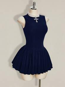 SHEIN ICON 女士休闲纯色无袖褶裥下摆迷你连衣裙，夏季 - 藏蓝色 - 查看 7